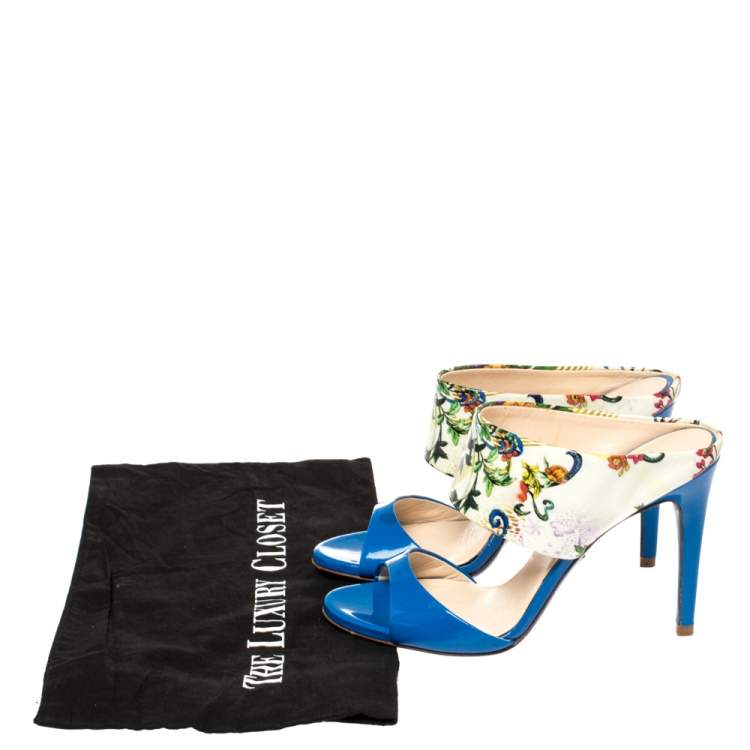 Pre Owned Loriblu Blue/White Floral Printed Patent Leather Slide Sandals Size 36