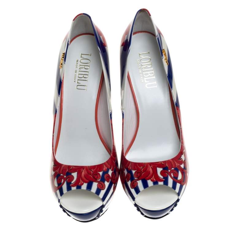 Pre Owned Loriblu Multicolor Print Patent Leather Peep Toe Platform Pumps Size 40