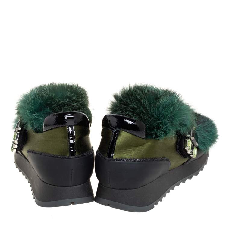 Pre Owned Loriblu Green/Black Satin And Fur Crystal Embellished Sneakers Size 38