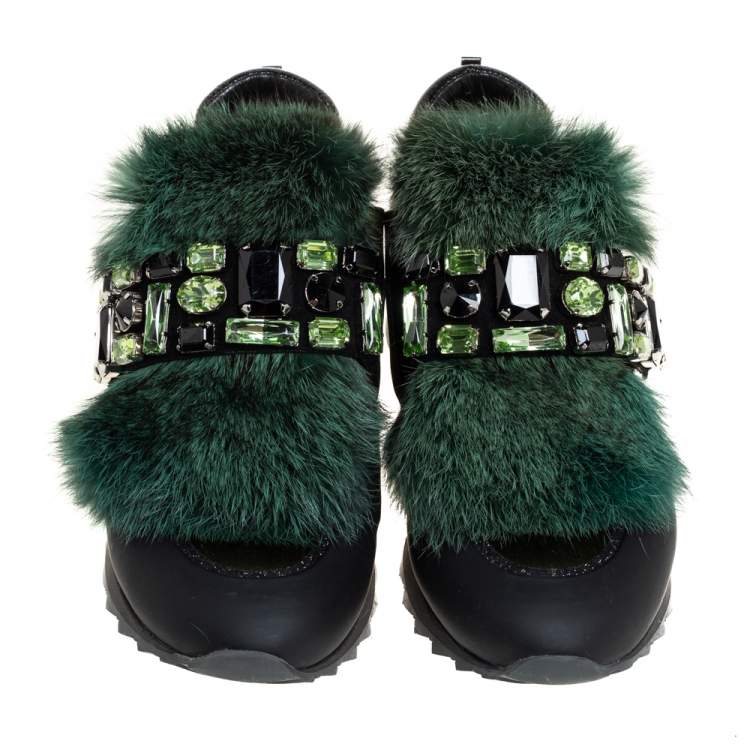 Pre Owned Loriblu Green/Black Satin And Fur Crystal Embellished Sneakers Size 38