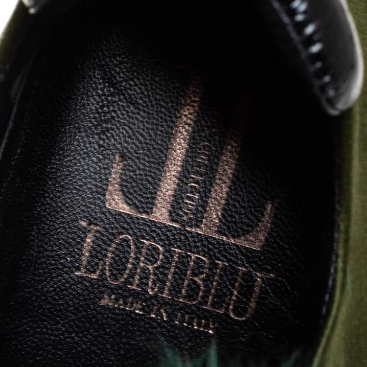 Pre Owned Loriblu Green/Black Satin And Fur Crystal Embellished Sneakers Size 38