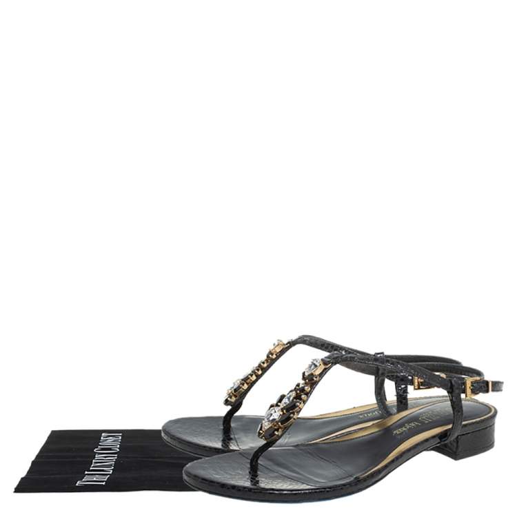Pre Owned Loriblu Black Python Embossed Leather Crystal Embellished Flat Sandals Size 36