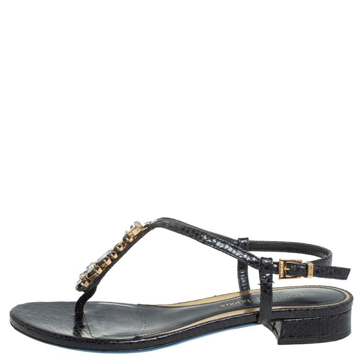 Pre Owned Loriblu Black Python Embossed Leather Crystal Embellished Flat Sandals Size 36