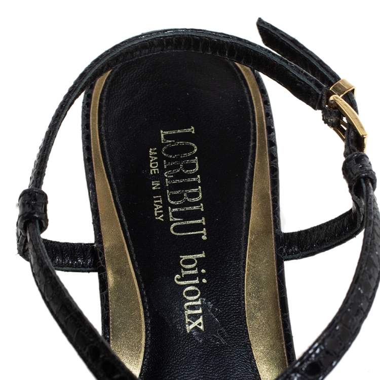 Pre Owned Loriblu Black Python Embossed Leather Crystal Embellished Flat Sandals Size 36