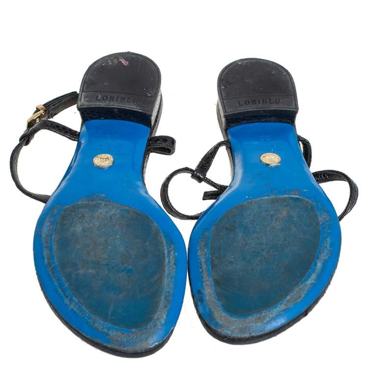 Pre Owned Loriblu Black Python Embossed Leather Crystal Embellished Flat Sandals Size 36