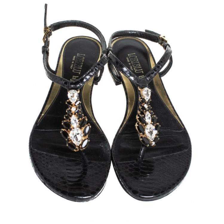 Pre Owned Loriblu Black Python Embossed Leather Crystal Embellished Flat Sandals Size 36