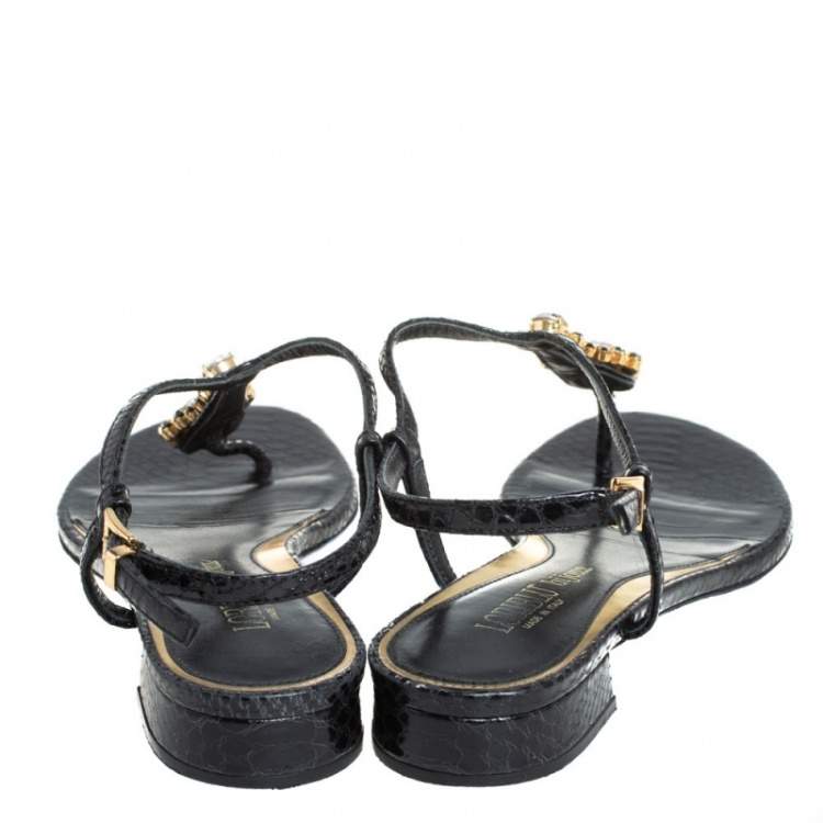 Pre Owned Loriblu Black Python Embossed Leather Crystal Embellished Flat Sandals Size 36
