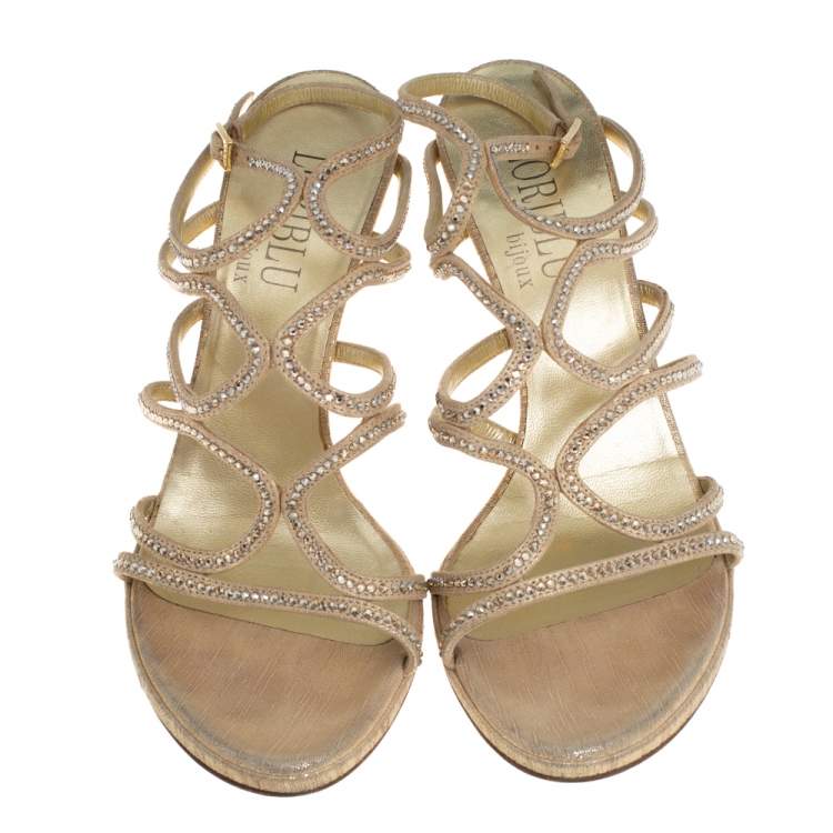 Pre Owned Loriblu Gold Suede Crystal Embellished Strappy Sandals Size 39