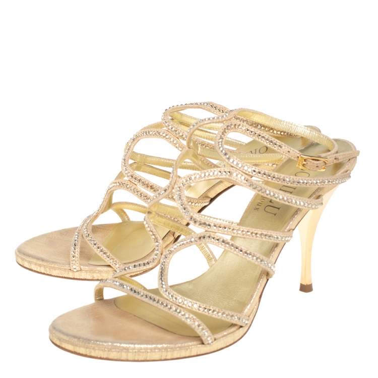 Pre Owned Loriblu Gold Suede Crystal Embellished Strappy Sandals Size 39