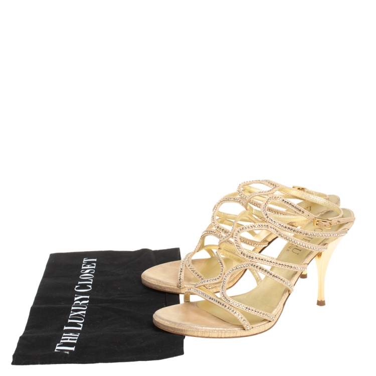 Pre Owned Loriblu Gold Suede Crystal Embellished Strappy Sandals Size 39
