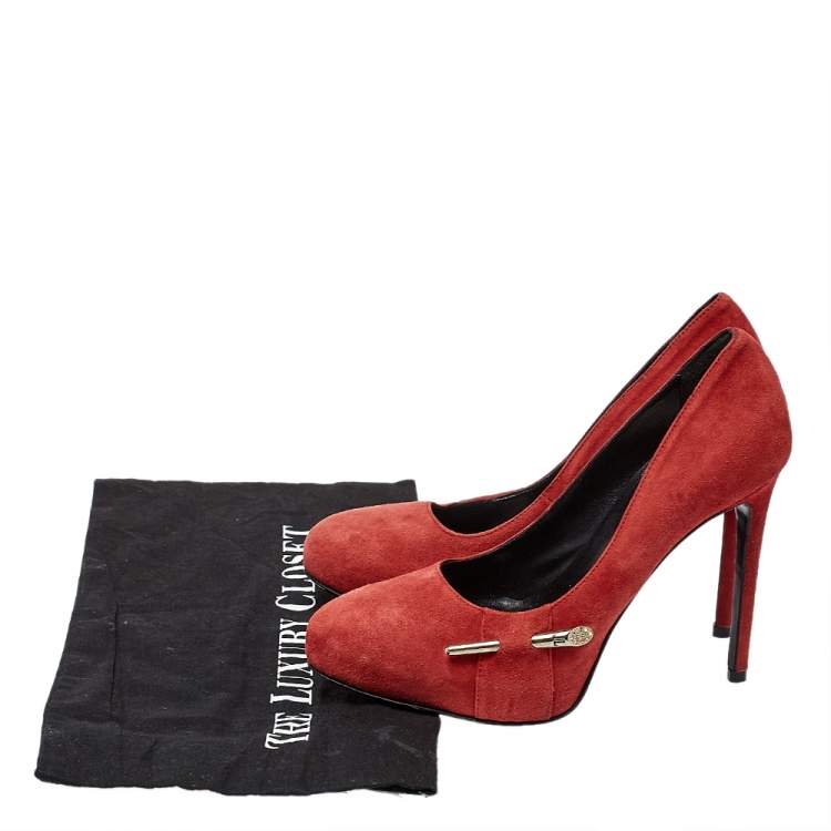 Pre Owned Loriblu Red Suede Crystal Embellished Platform Pumps Size 36