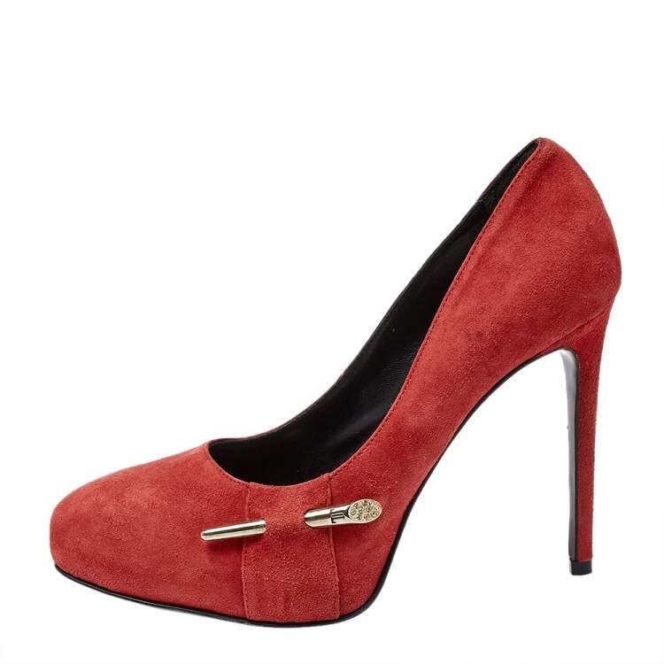 Pre Owned Loriblu Red Suede Crystal Embellished Platform Pumps Size 36