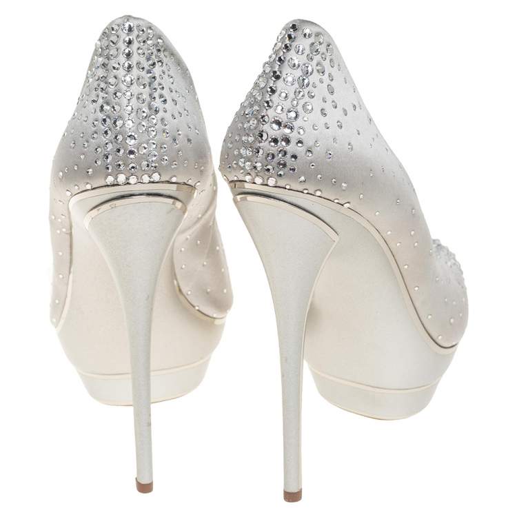 Pre Owned Loriblu Silver Satin Crystal Embellished Peep Toe Platform Pumps Size 38