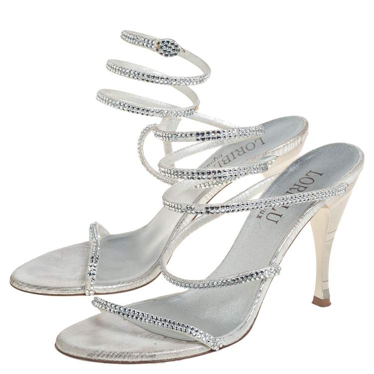 Pre Owned Loriblu Silver Leather Crystal Embellished Slingback Sandals Size 38