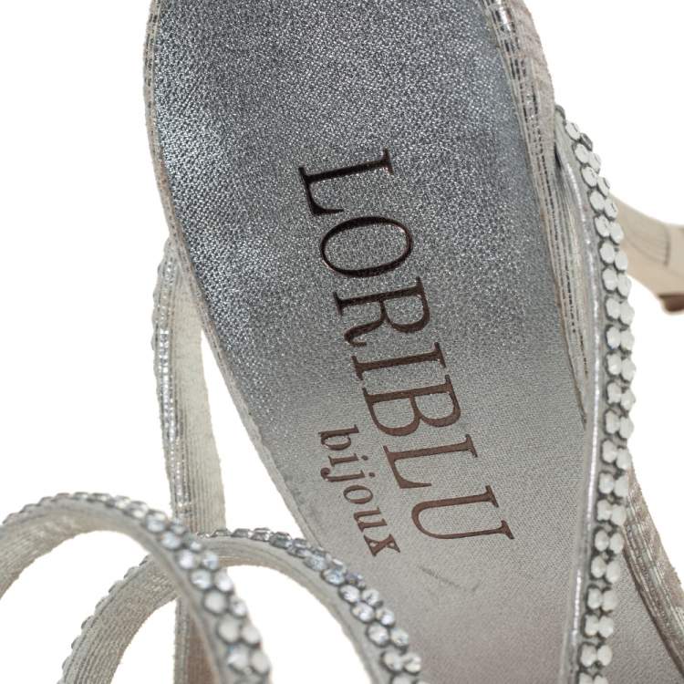 Pre Owned Loriblu Silver Leather Crystal Embellished Slingback Sandals Size 38