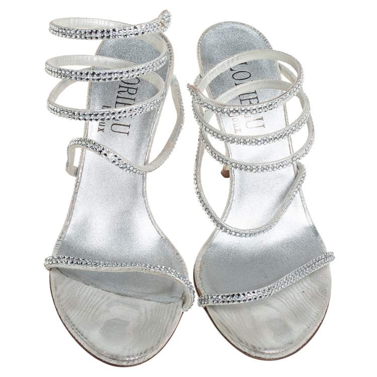 Pre Owned Loriblu Silver Leather Crystal Embellished Slingback Sandals Size 38