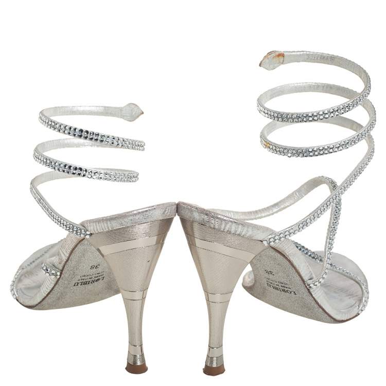 Pre Owned Loriblu Silver Leather Crystal Embellished Slingback Sandals Size 38
