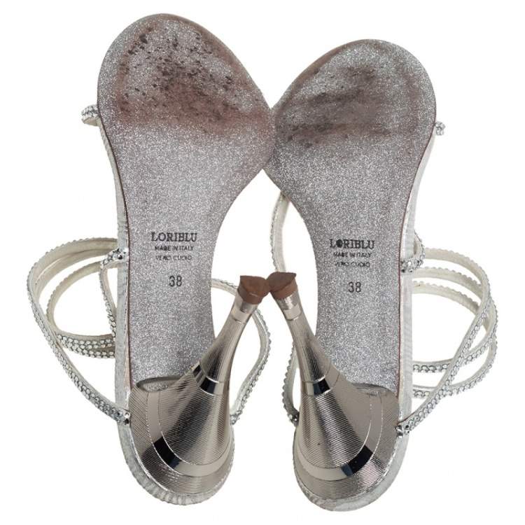 Pre Owned Loriblu Silver Leather Crystal Embellished Slingback Sandals Size 38