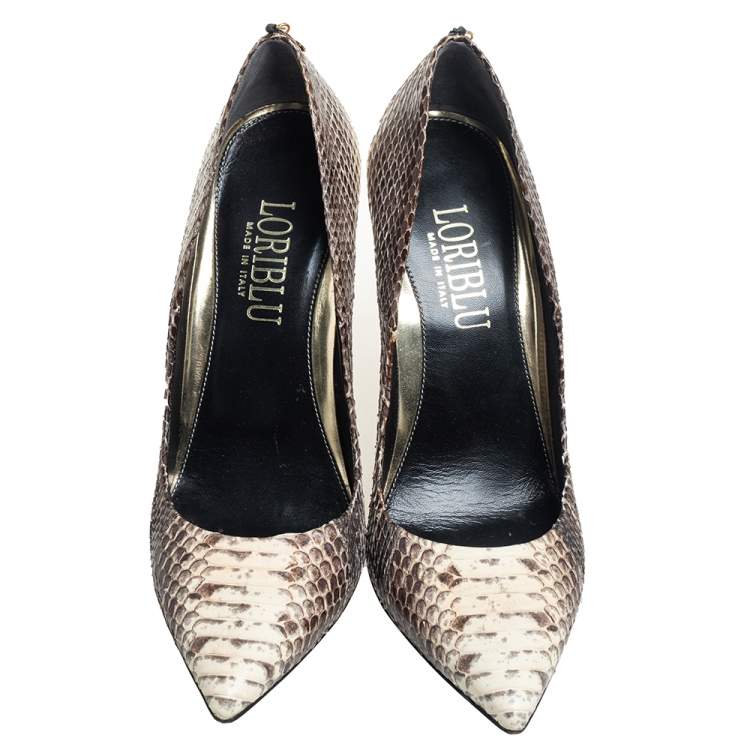 مملوكة مسبقًا Loriblu Brown /White Python Leather Slip On Pumps Size 39