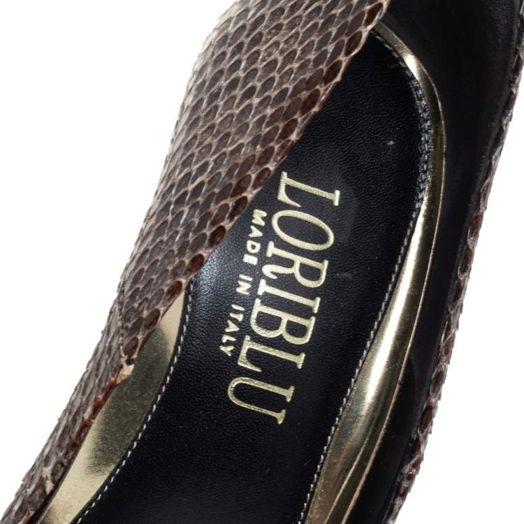 مملوكة مسبقًا Loriblu Brown /White Python Leather Slip On Pumps Size 39