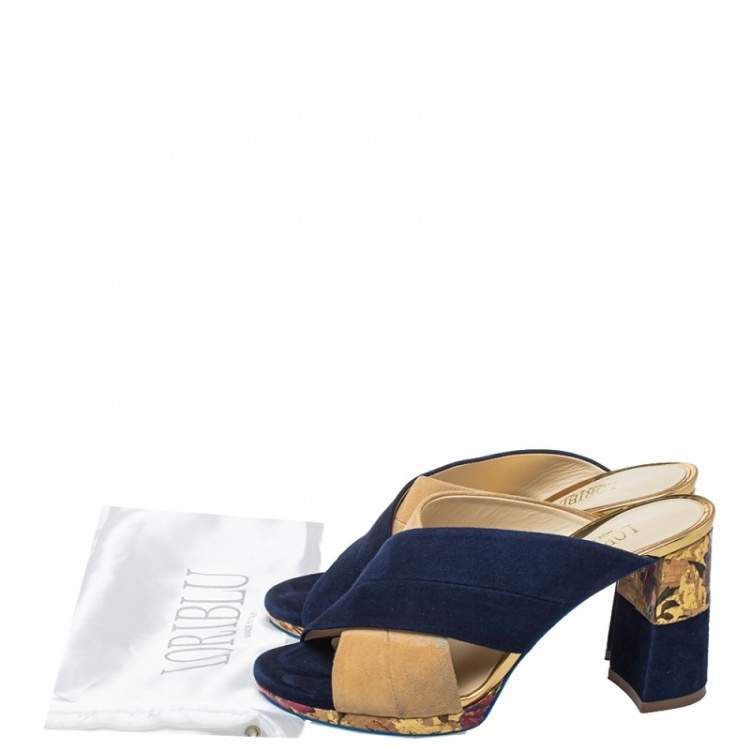 Pre Owned Loriblu Blue/Beige Suede Brocade Mule Sandals Size 38