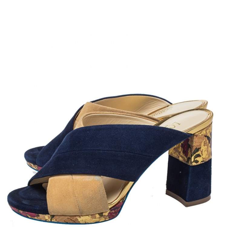 Pre Owned Loriblu Blue/Beige Suede Brocade Mule Sandals Size 38