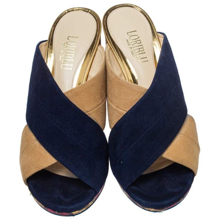 Pre Owned Loriblu Blue/Beige Suede Brocade Mule Sandals Size 38