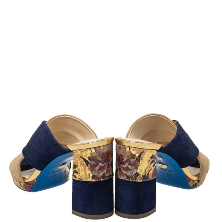 Pre Owned Loriblu Blue/Beige Suede Brocade Mule Sandals Size 38