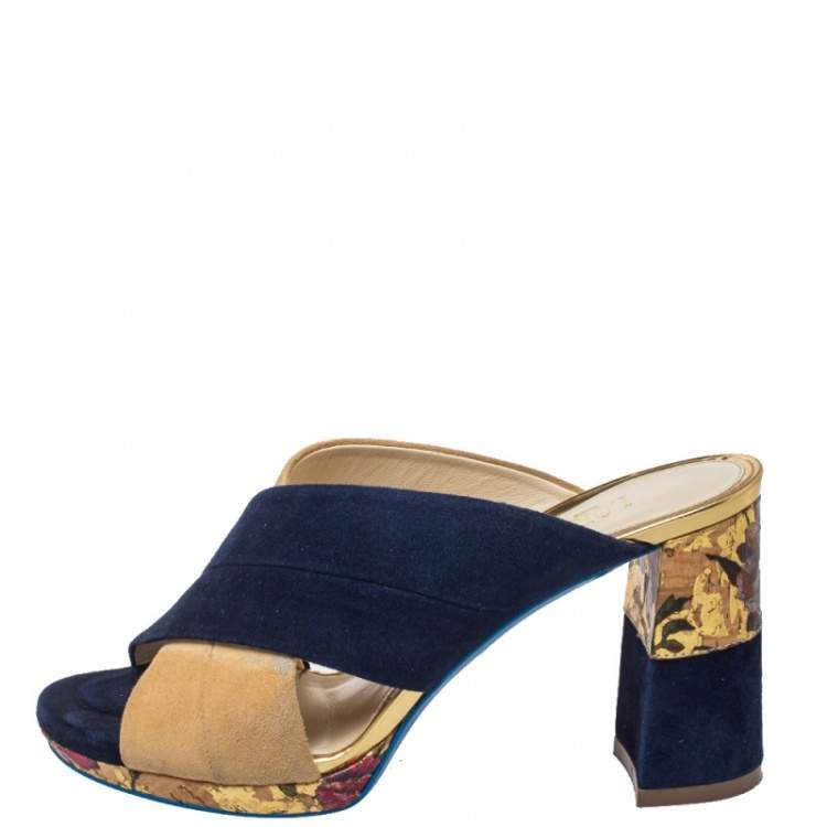 Pre Owned Loriblu Blue/Beige Suede Brocade Mule Sandals Size 38