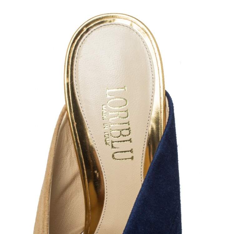 Pre Owned Loriblu Blue/Beige Suede Brocade Mule Sandals Size 38