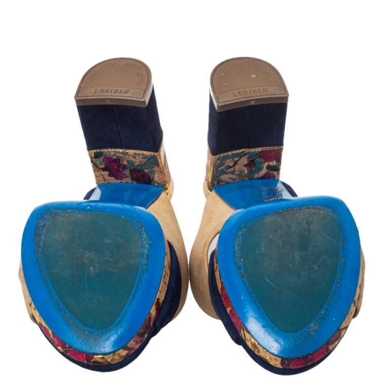 Pre Owned Loriblu Blue/Beige Suede Brocade Mule Sandals Size 38