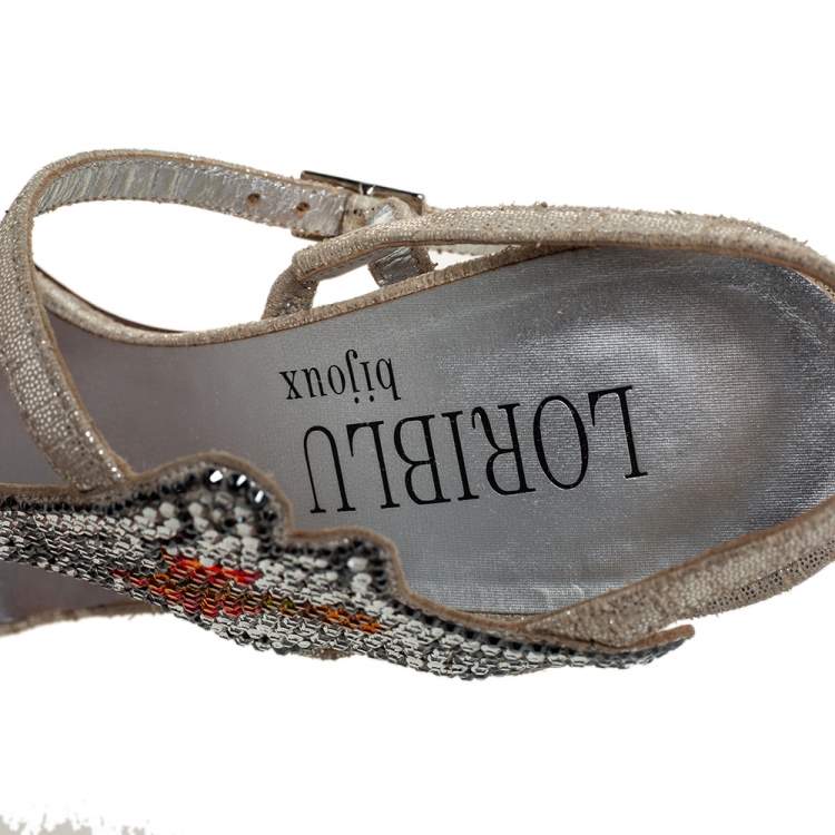 Pre Owned Loriblu Silver Fabric Crystal Embellished Sandals Size 36