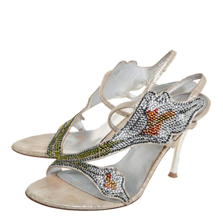 Pre Owned Loriblu Silver Fabric Crystal Embellished Sandals Size 36