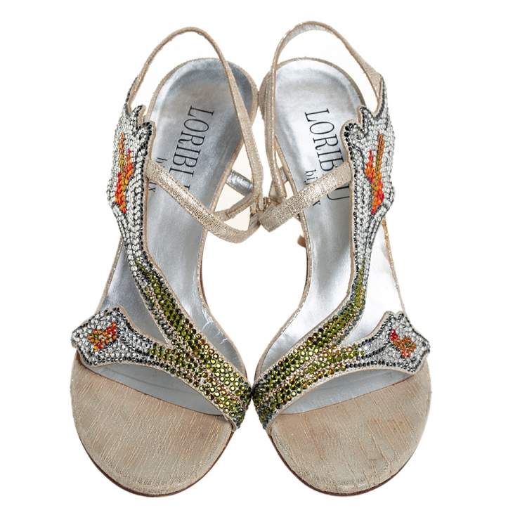 Pre Owned Loriblu Silver Fabric Crystal Embellished Sandals Size 36