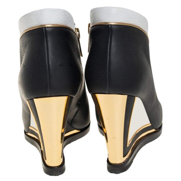 Pre Owned Loriblu White/Black Leather Wedge Ankle Booties Size 38
