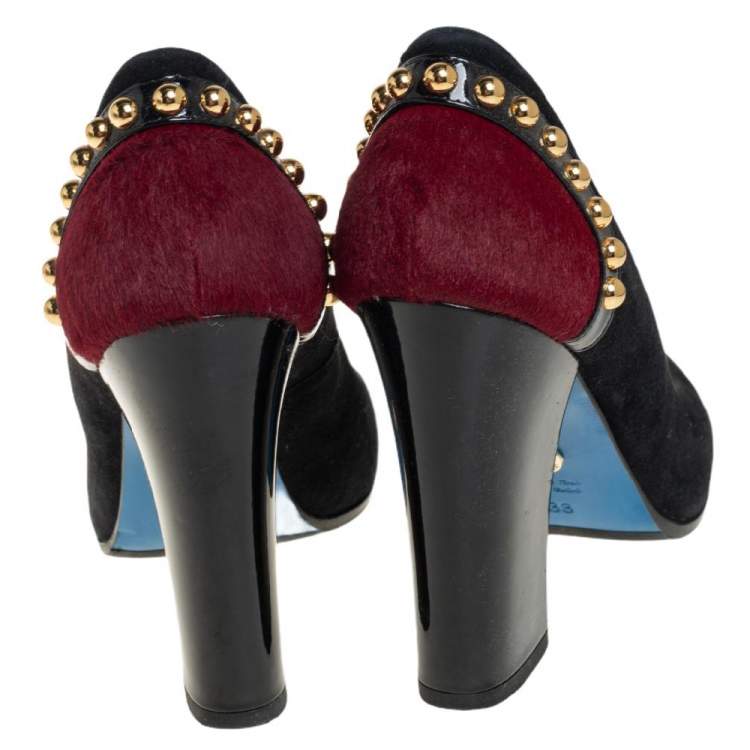 Pre Owned Loriblu Burgundy/Black Suede and Pony Hair Studded Block Heel Pumps Size 38