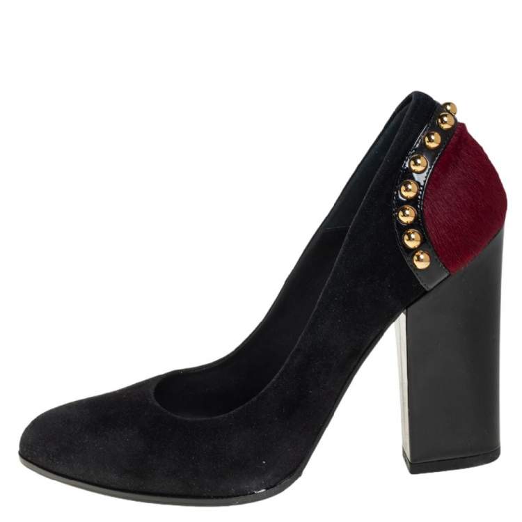 Pre Owned Loriblu Burgundy/Black Suede and Pony Hair Studded Block Heel Pumps Size 38