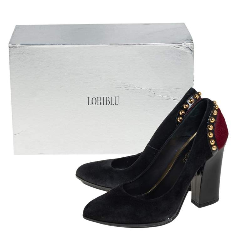 Pre Owned Loriblu Burgundy/Black Suede and Pony Hair Studded Block Heel Pumps Size 38