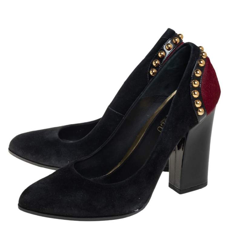 Pre Owned Loriblu Burgundy/Black Suede and Pony Hair Studded Block Heel Pumps Size 38