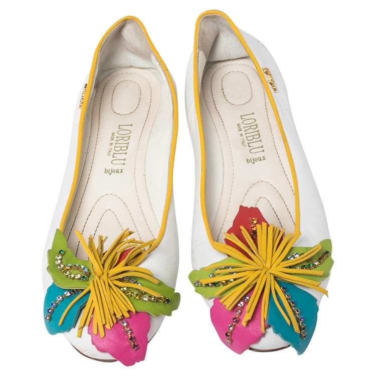 Pre Owned Loriblu White Leather Floral Embellished Ballet Flats Size 38