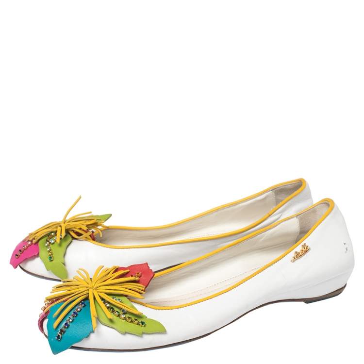 Pre Owned Loriblu White Leather Floral Embellished Ballet Flats Size 38