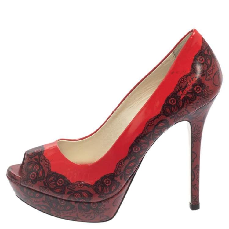 Pre Owned Loriblu Red/Black Print Leather Peep Toe Platform Pumps Size 38
