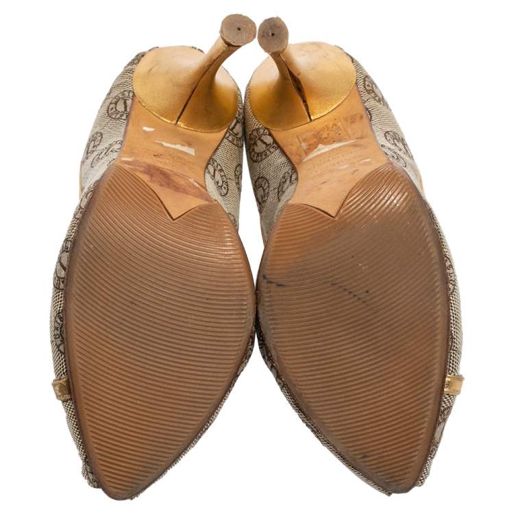 Pre Owned Loriblu Beige Canvas Monogram Peep Toe Pumps Size 38