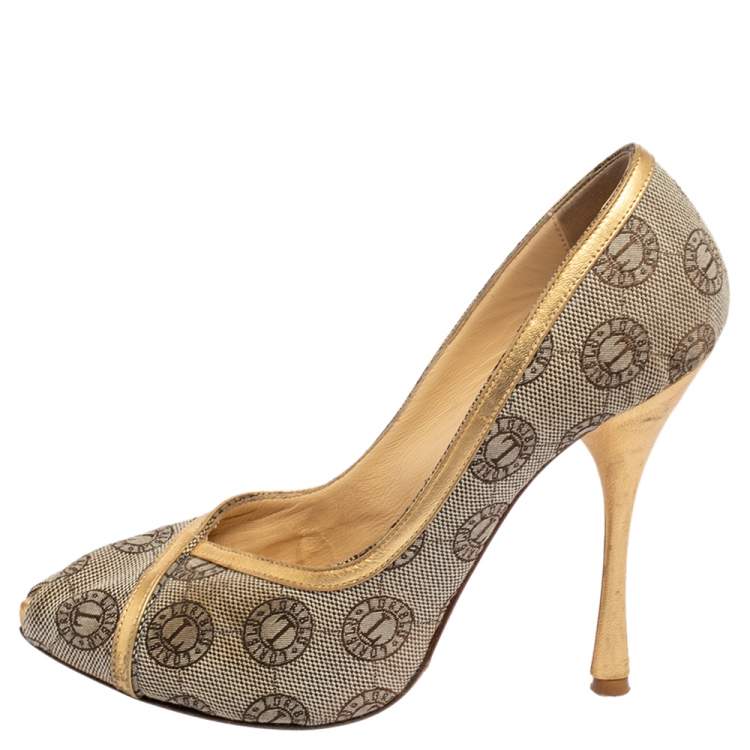 Pre Owned Loriblu Beige Canvas Monogram Peep Toe Pumps Size 38