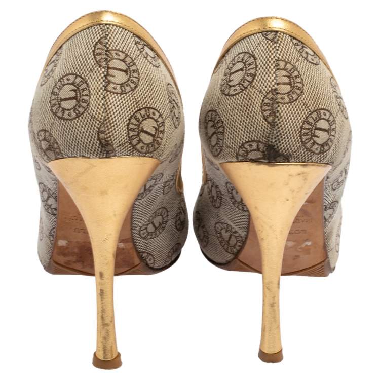 Pre Owned Loriblu Beige Canvas Monogram Peep Toe Pumps Size 38
