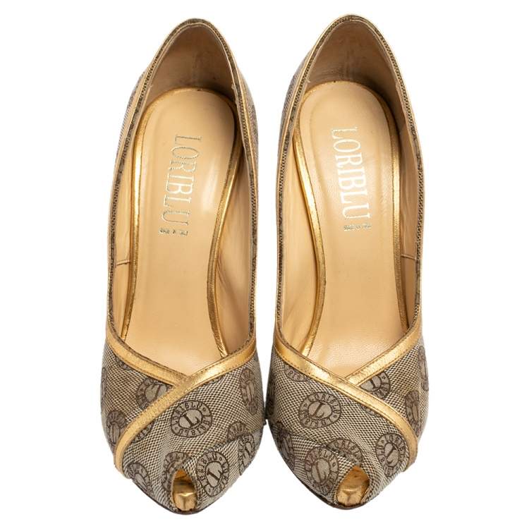 Pre Owned Loriblu Beige Canvas Monogram Peep Toe Pumps Size 38