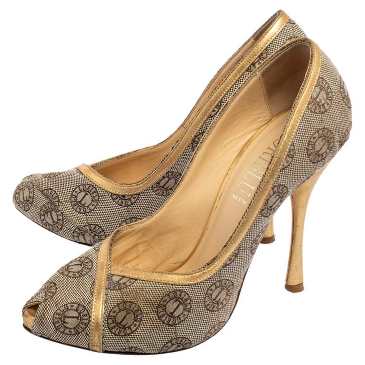 Pre Owned Loriblu Beige Canvas Monogram Peep Toe Pumps Size 38