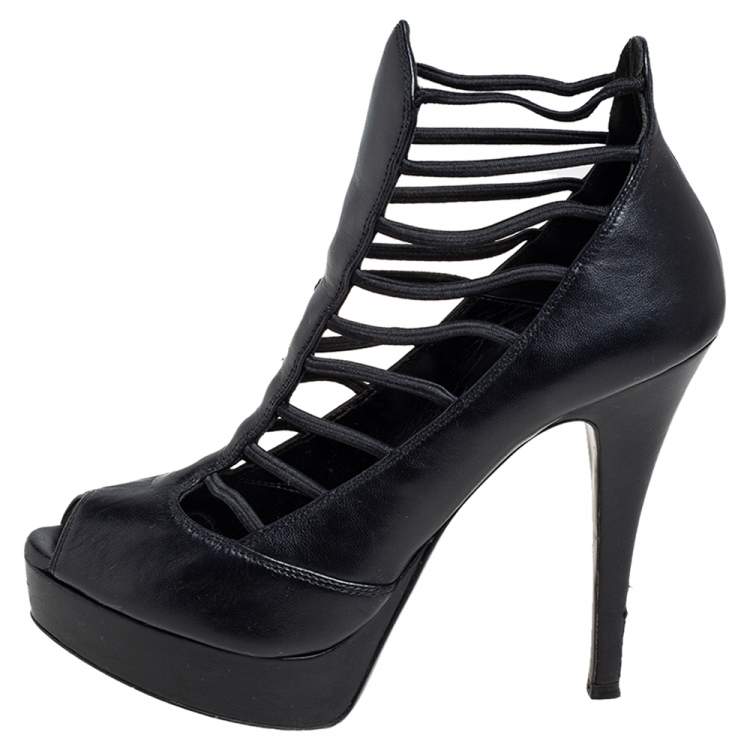 Pre Owned Loriblu Black Leather Platform Booties Size 38.5
