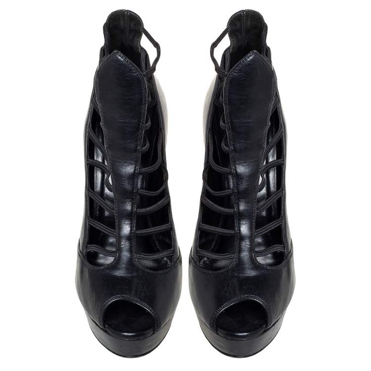 Pre Owned Loriblu Black Leather Platform Booties Size 38.5