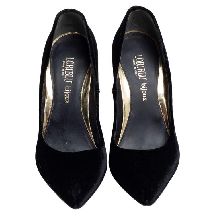 Pre Owned Loriblu Black Velvet Jewel Embellished Heel Pointed Toe Pumps Size 37